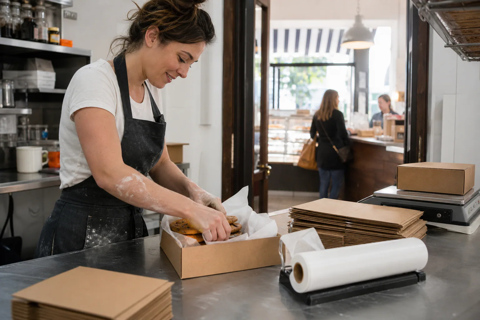 Baker packing cookies into a kraft gift box at a back counter, with boxes and tissue paper beside her and a shop customer blurred behind