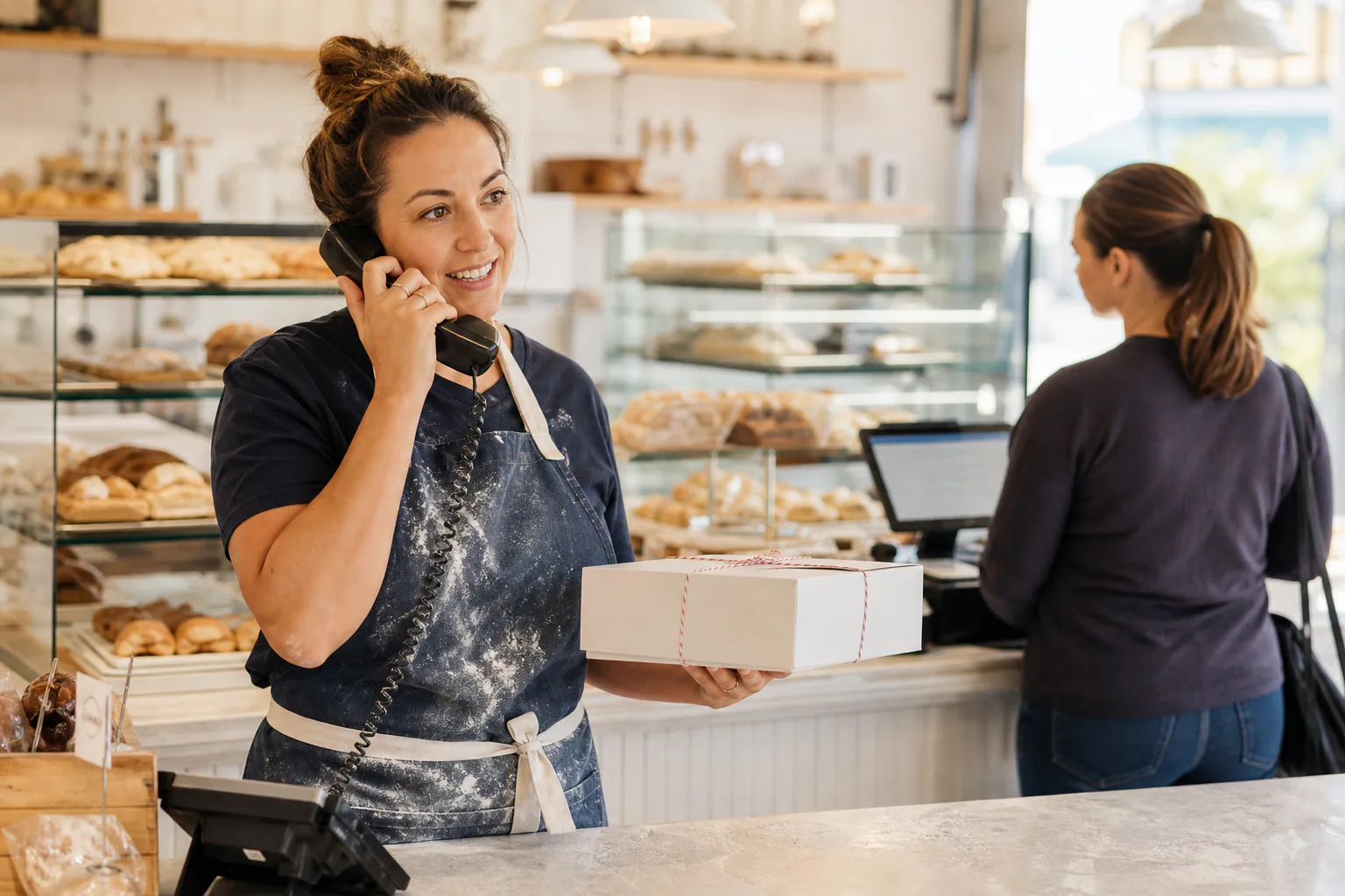 Bakery owner answering a counter phone while holding a pastry box, with a waiting customer and pastry cases behind her