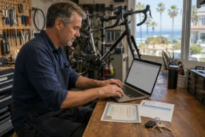 Bicycle shop owner at his workbench filling in an online form on a laptop, with a business license and shop keys beside him