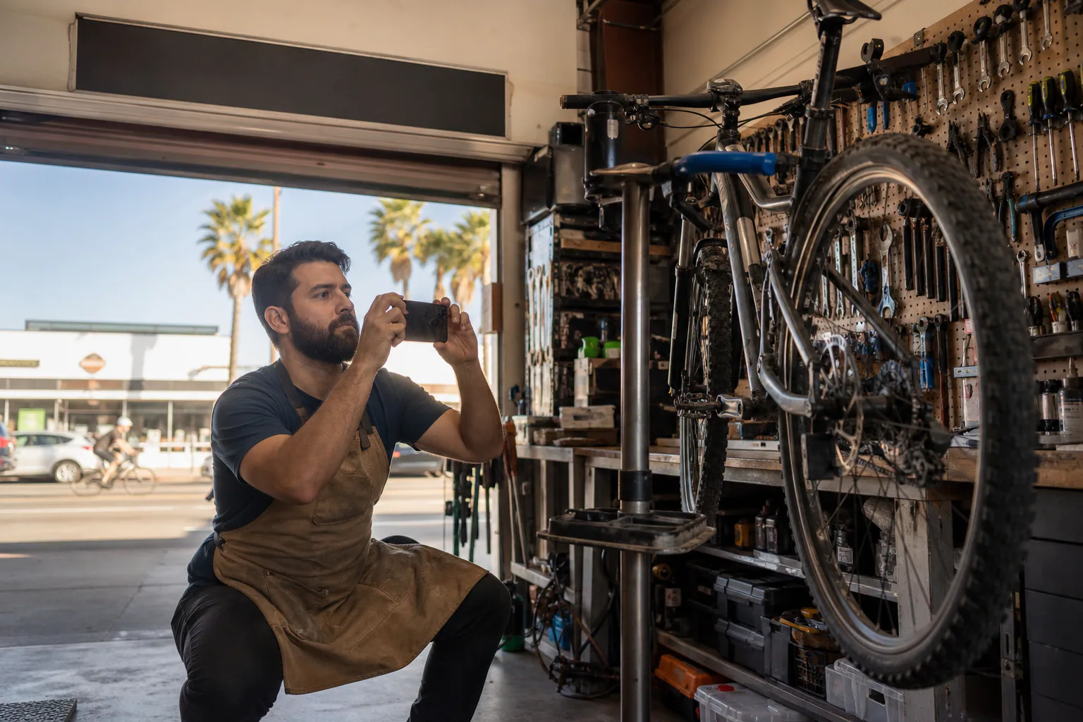 Bike repair shop owner in a canvas apron films his workshop tools and bicycle on a repair stand with his phone