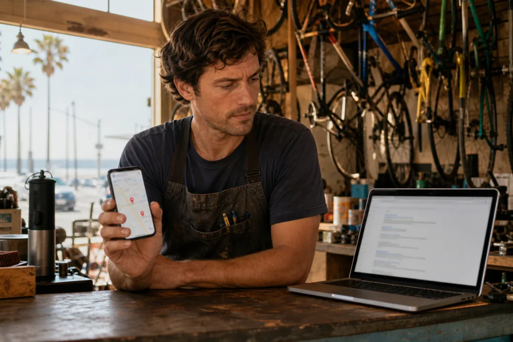 Bike shop owner in a grease-marked apron comparing a phone map with three pins to a laptop's search results