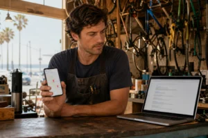 Bike shop owner in a grease-marked apron comparing a phone map with three pins to a laptop's search results
