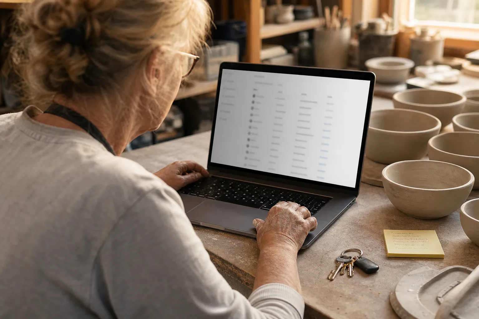 Ceramics studio owner with clay-dusted hands checking account access on her laptop beside drying bowls