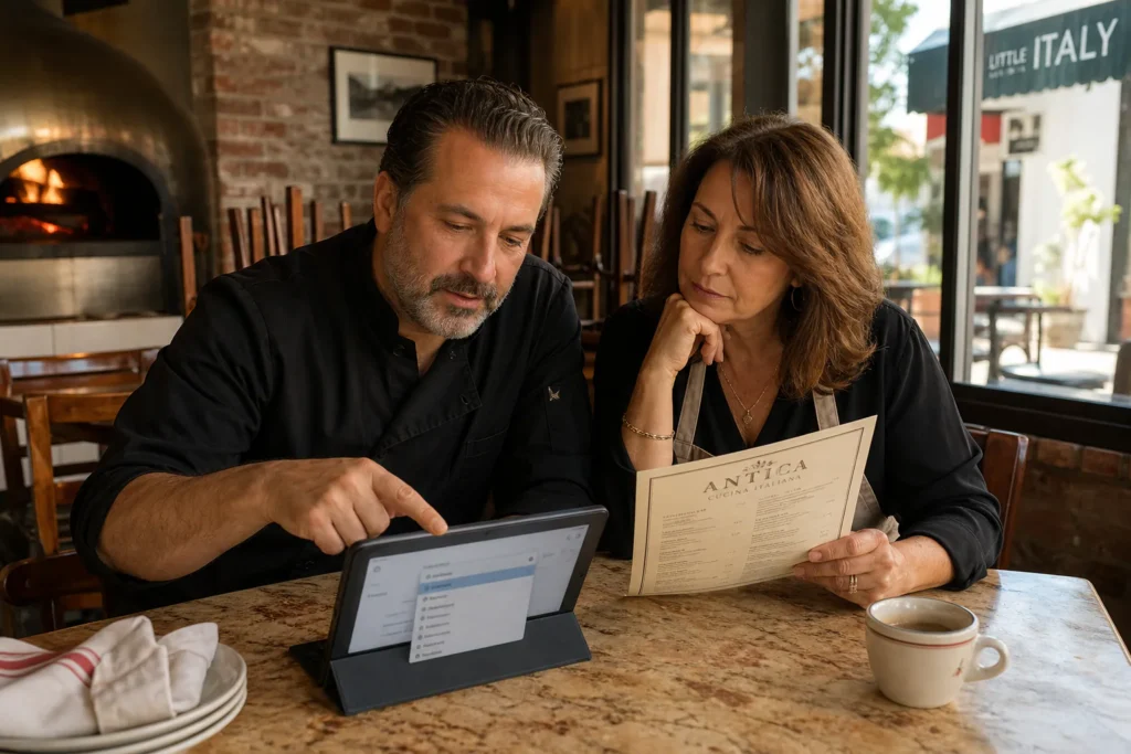 Couple who run a small Italian restaurant choosing options from a dropdown menu on a tablet before opening for the day