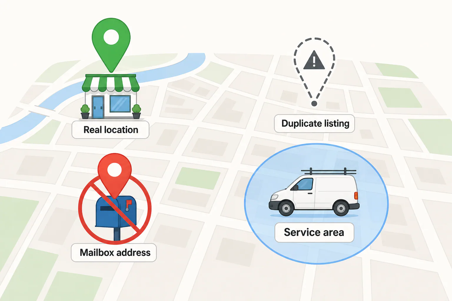 Diagram of a city map showing a real storefront pin, a dashed duplicate listing pin, a crossed-out mailbox address, and a service-area circle