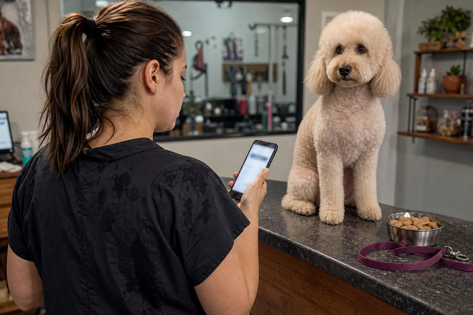 Dog groomer at her salon reception desk waiting for a web page to load on her phone, with a poodle beside her