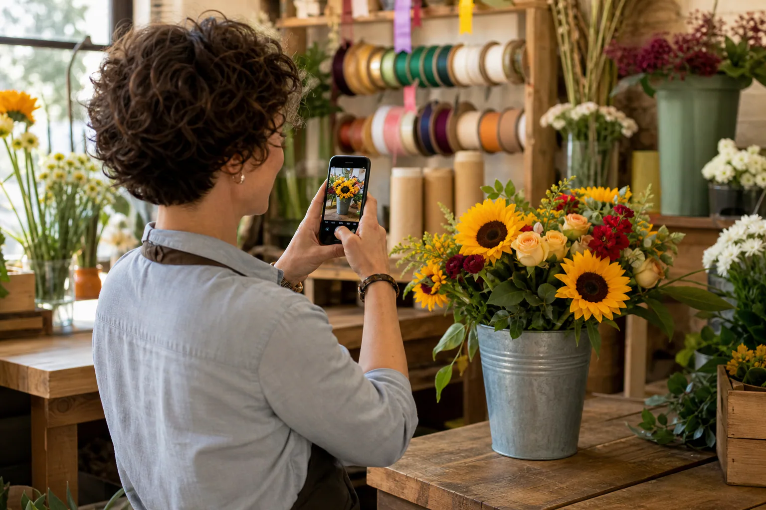 Florist in a small flower shop photographing a bucket of sunflowers and roses with her phone to post an update