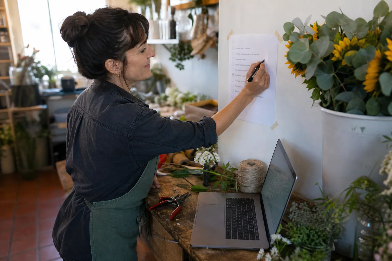 Florist in her 30s ticking off a printed checklist beside a laptop and flower buckets in her San Diego shop