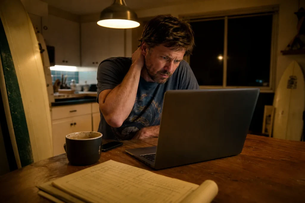 Frustrated small business owner at his kitchen table late at night, staring at a blank laptop screen with coffee nearby