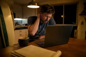Frustrated small business owner at his kitchen table late at night, staring at a blank laptop screen with coffee nearby