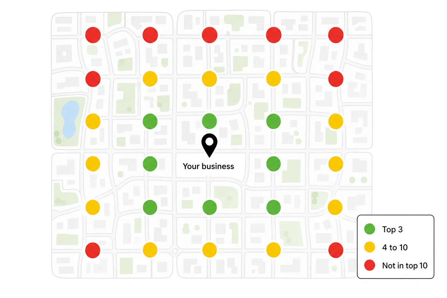 Grid map of a neighborhood with a 5 by 5 set of dots around a central business pin, colored green, yellow and red by local ranking