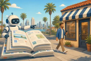 Illustration of a robot reading from a giant book of stacked web pages on a sunny street, pointing a man with a phone toward a shop