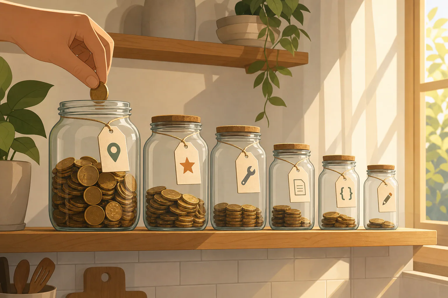 Illustration of six glass jars on a kitchen shelf, largest to smallest, with a hand dropping coins into the biggest jar