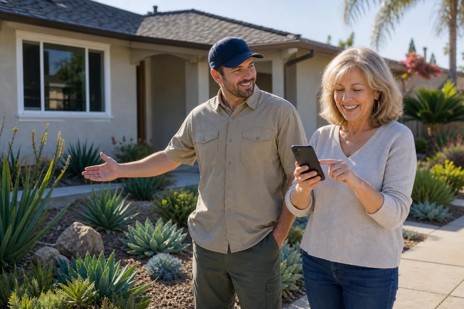 Landscaper in a cap showing a finished drought-tolerant front yard to a smiling homeowner who taps her phone to leave a review