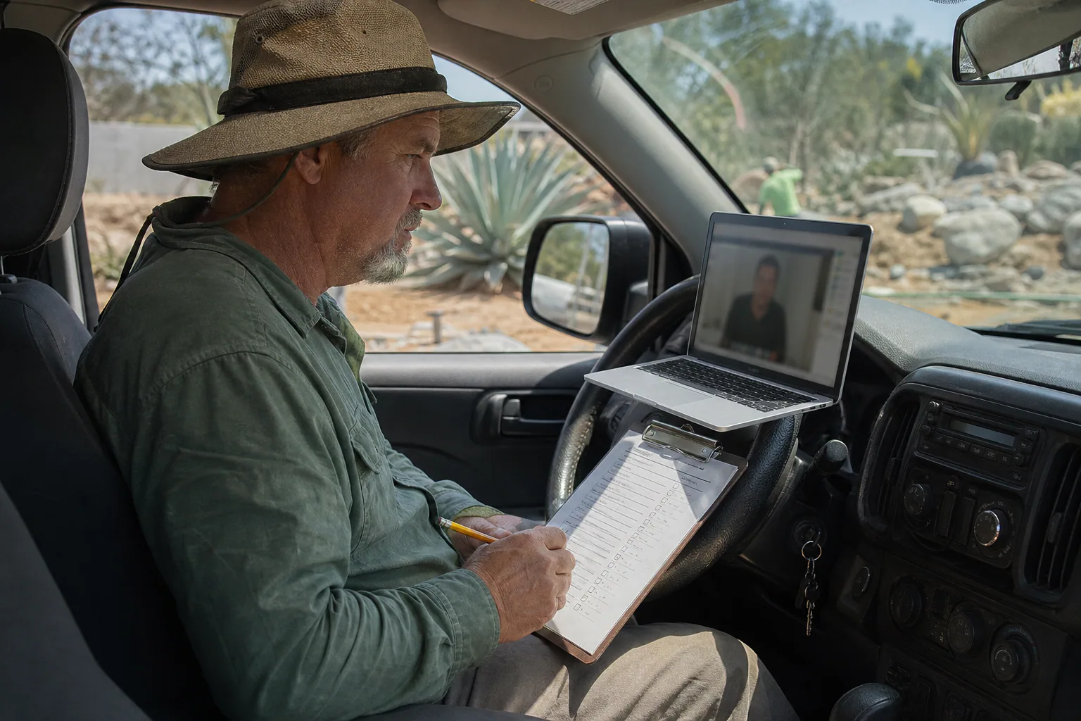Landscaping business owner in a sun hat ticks a checklist on a clipboard while questioning an agency on a laptop video call in his truck
