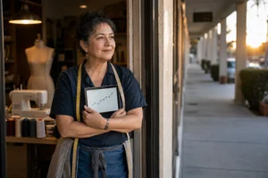 Local tailor standing in her shop doorway at sunrise, holding a tablet with a rising graph, with sewing equipment behind her