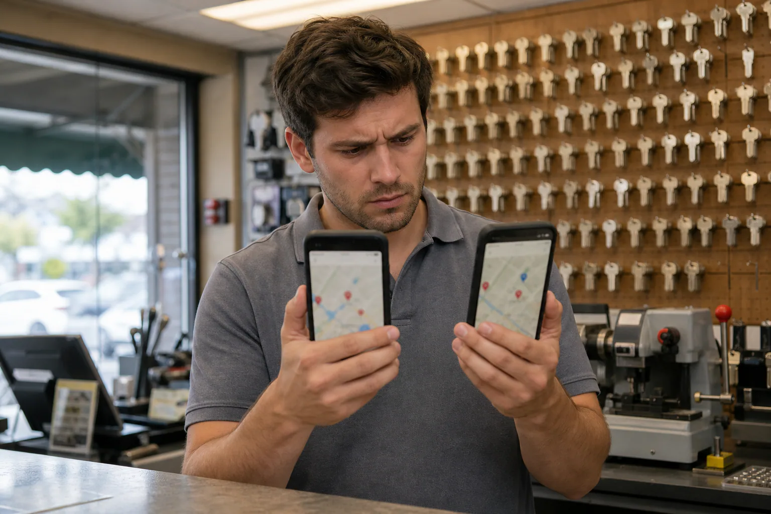 Locksmith in a gray polo comparing two map search results on his phones in his key-cutting shop, with blank keys on the pegboard behind him