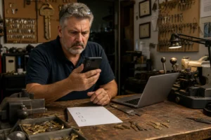Locksmith with a gray beard frowning at his smartphone at a cluttered workbench beside a laptop and a paper checklist