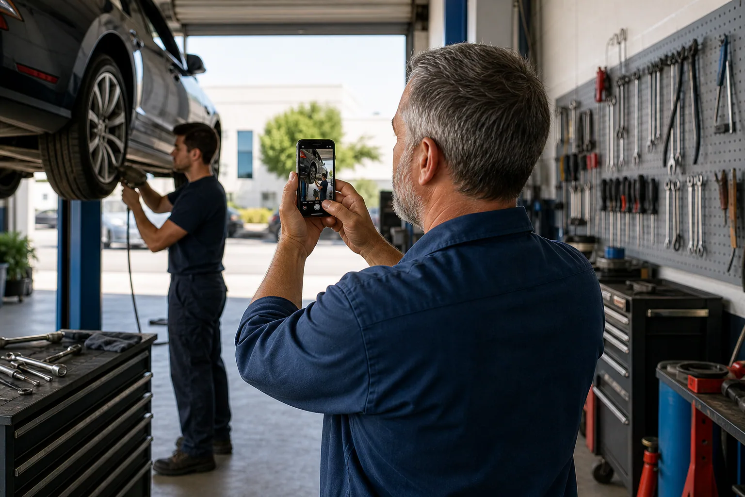 Mechanic in a blue work shirt photographs a sedan on a lift inside a tidy auto repair shop, with a technician working behind him