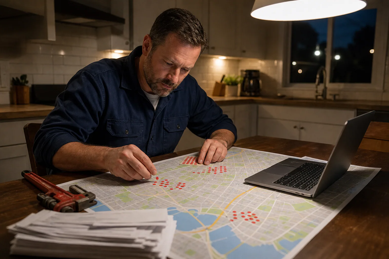 Plumber in a navy work shirt marking neighborhoods with red dots on a printed street map at a kitchen table