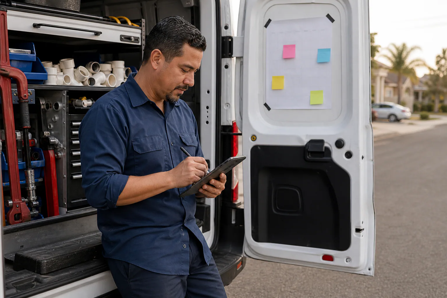 Plumber in a navy work shirt writing on a tablet beside his open service van, with organized fittings and tools inside