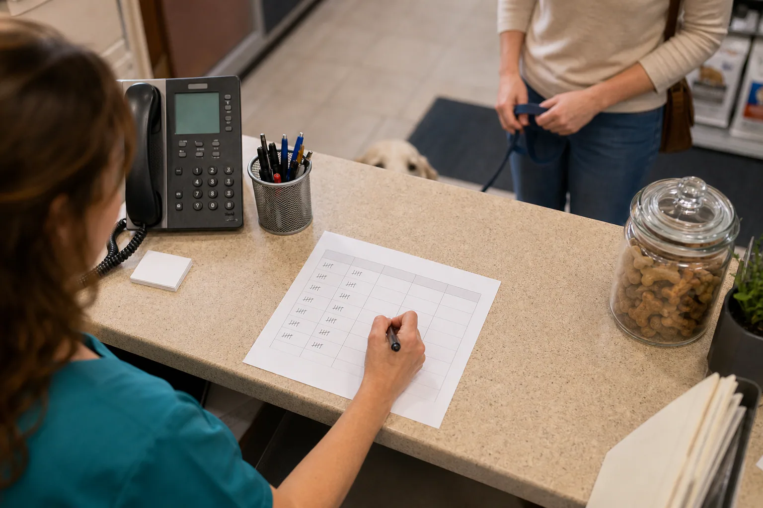 Receptionist at a neighborhood vet clinic making a tally mark on a sheet tracking referral sources, beside a desk phone