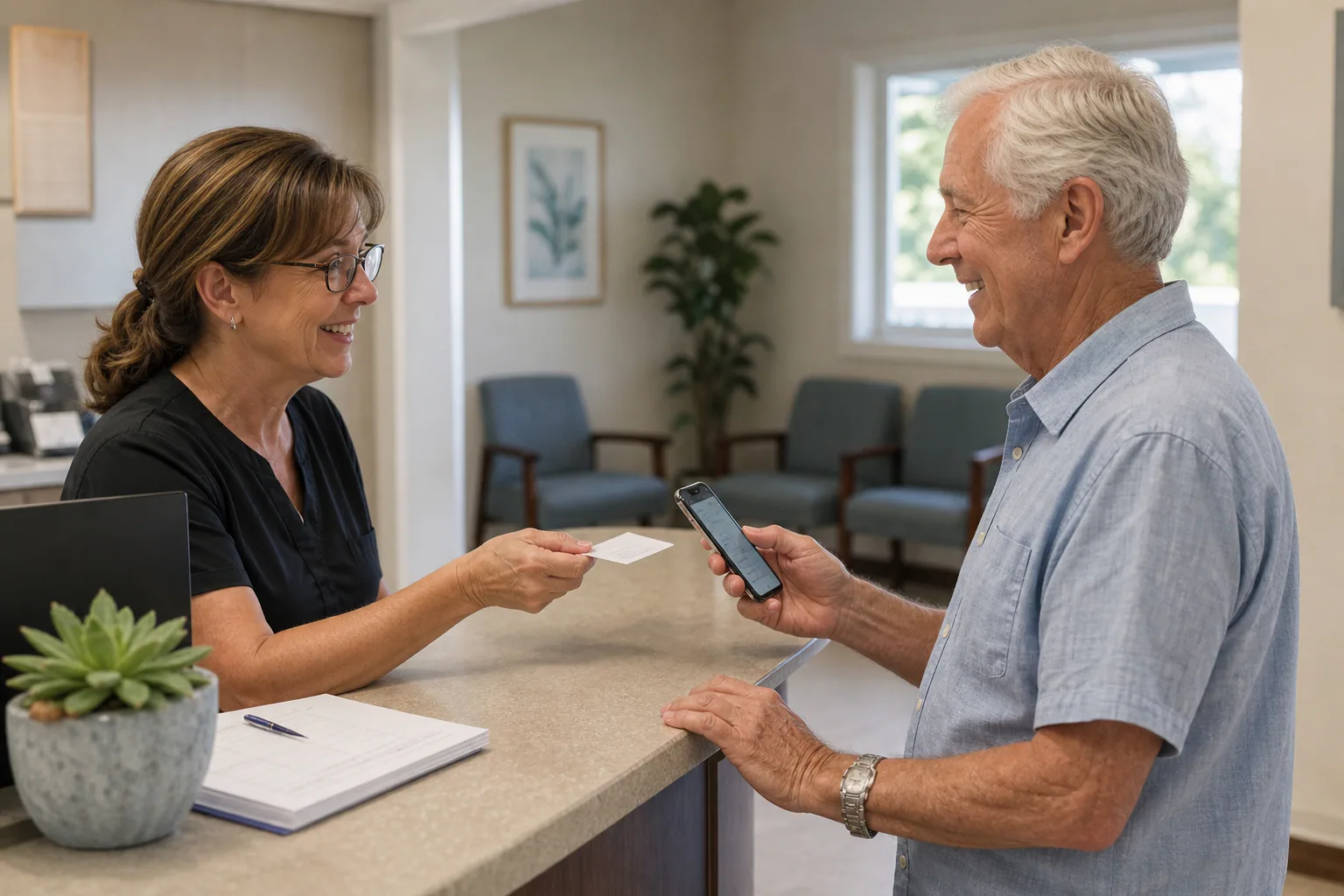 Receptionist at a small dental office hands a card to a smiling older patient ready to scan it with his phone