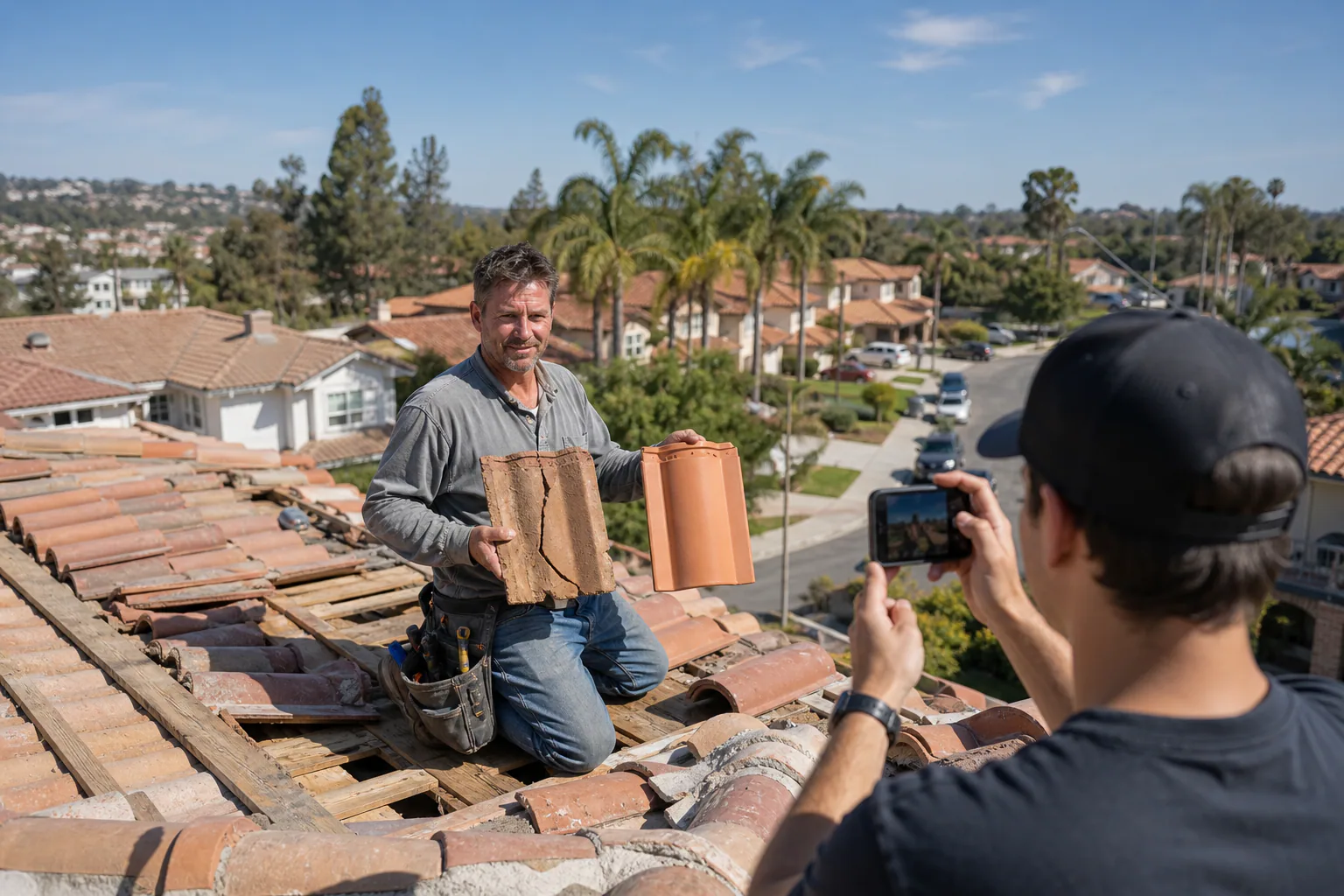 Roofer in a work shirt and tool belt kneeling on a clay tile roof, holding up a cracked old tile beside a new one for a coworker's phone photo