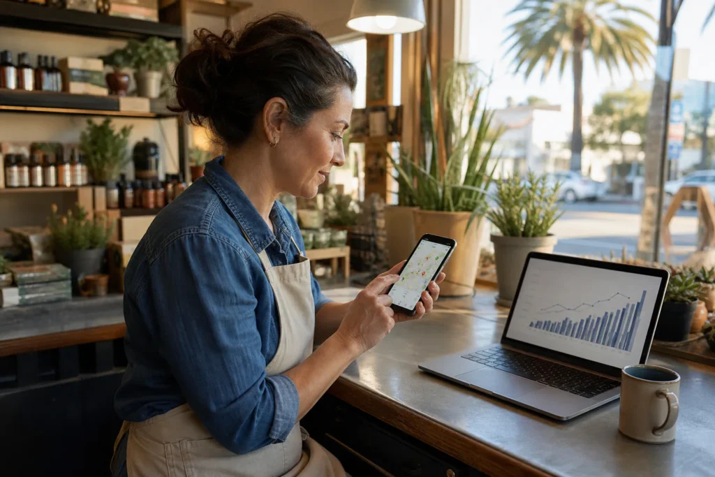 Small business owner in a canvas apron checks a map with location pins on her phone at a shop counter, with a laptop showing rising charts