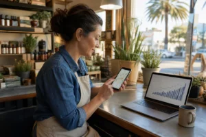 Small business owner in a canvas apron checks a map with location pins on her phone at a shop counter, with a laptop showing rising charts