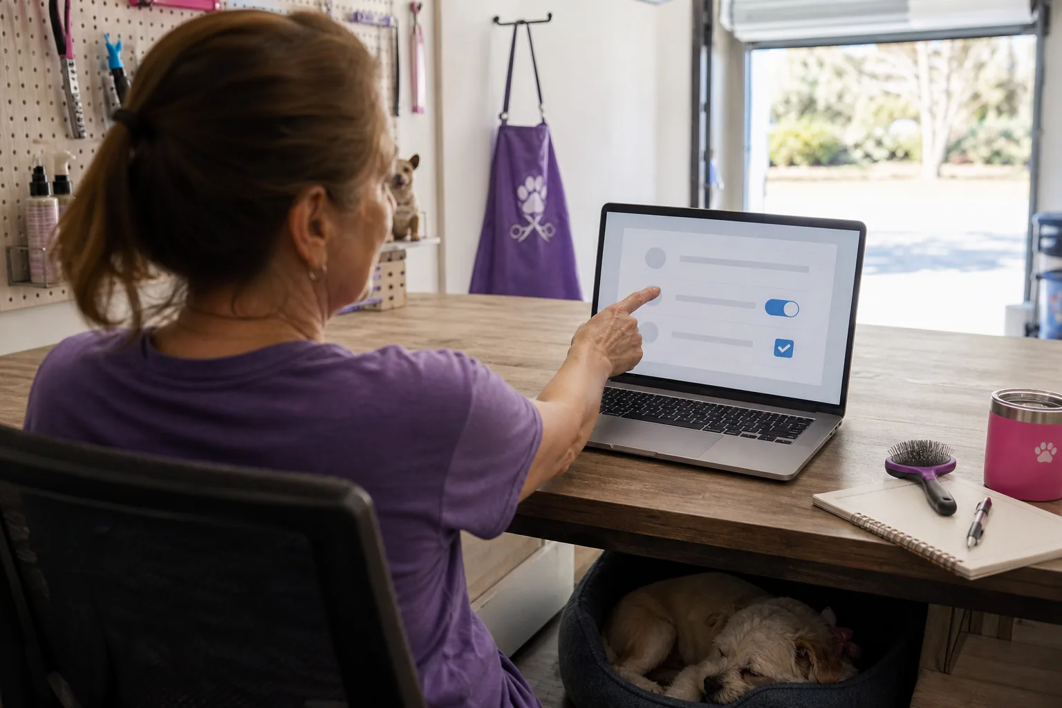 Small business owner pointing at a laptop settings panel with a toggle and checkbox, checking whether her website is visible to search engines