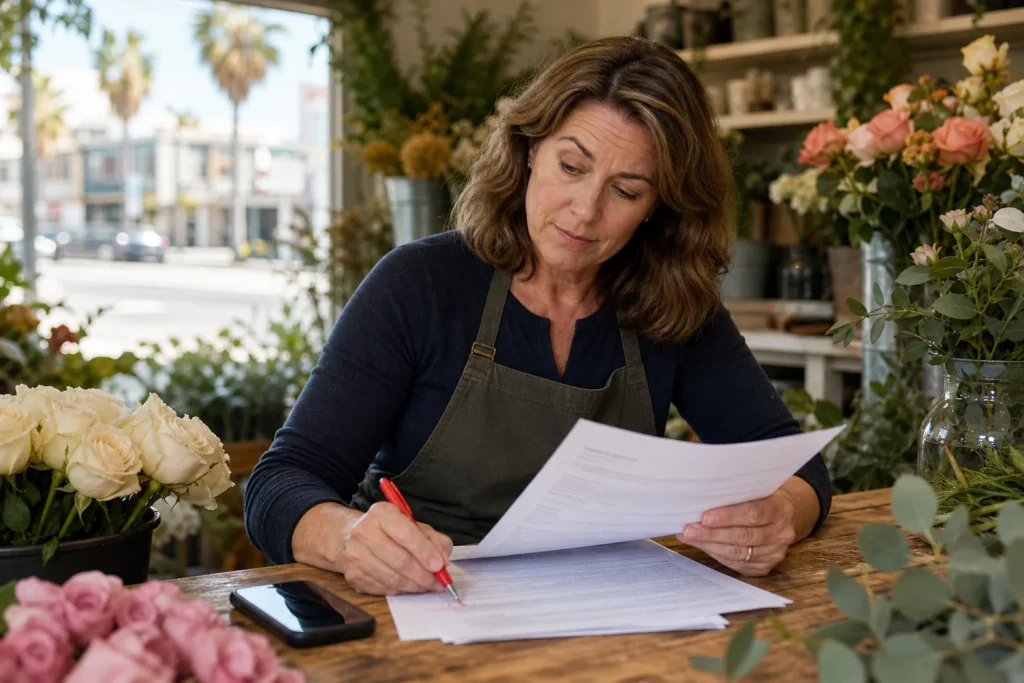 Small business owner reviewing an SEO agency proposal with a red pen in her flower shop, a sign to scrutinize offers