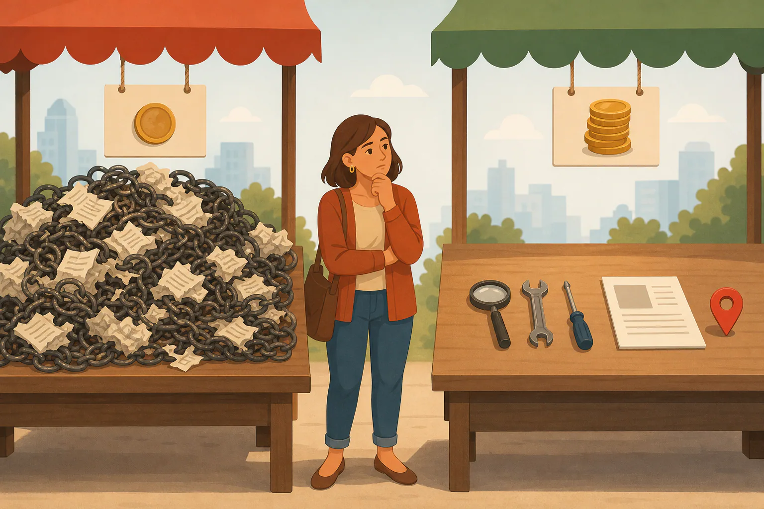 Two market stall tables compared: a cluttered pile of tangled chains and crumpled pages beside a few neat tools and one clean page