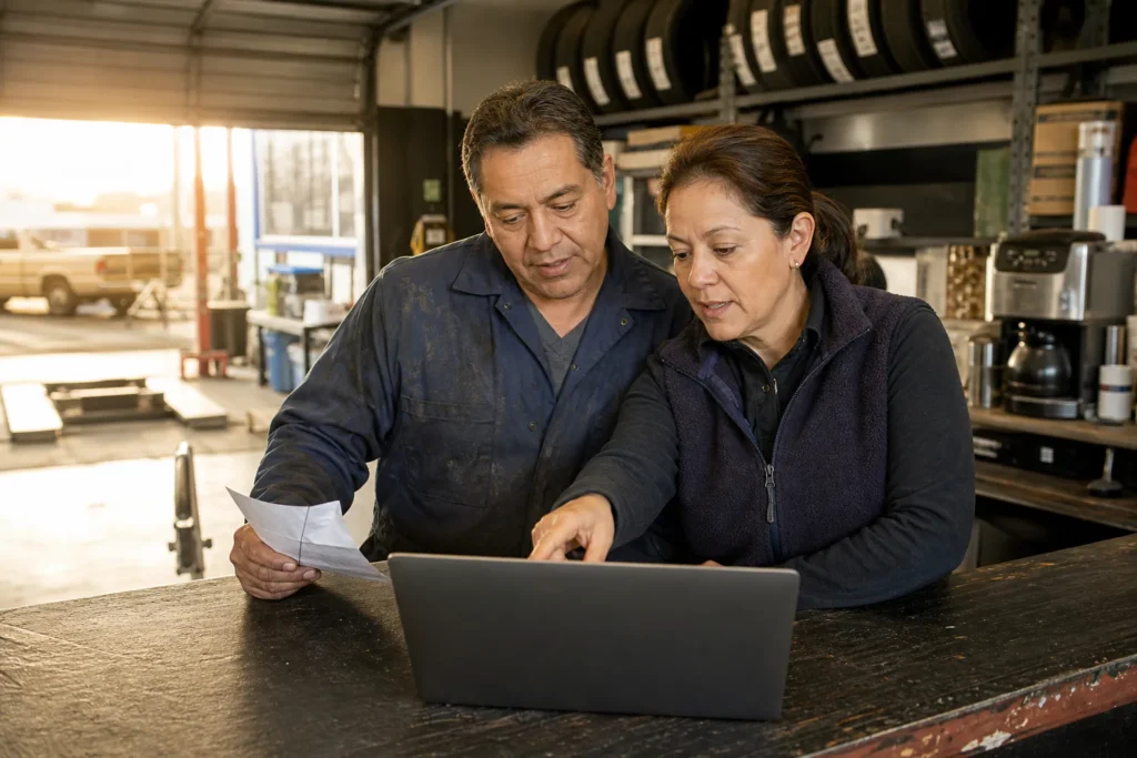 Two shop owners in work clothes review a laptop together behind an auto repair counter at closing time