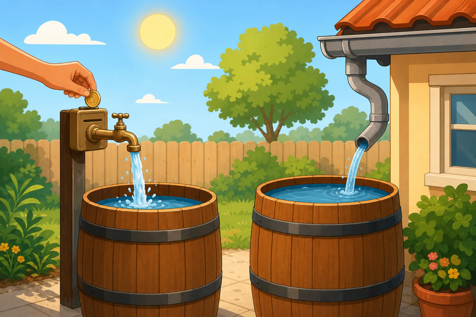 Two water barrels side by side: one fills only while coins keep feeding a tap, the other fills steadily from a roof gutter